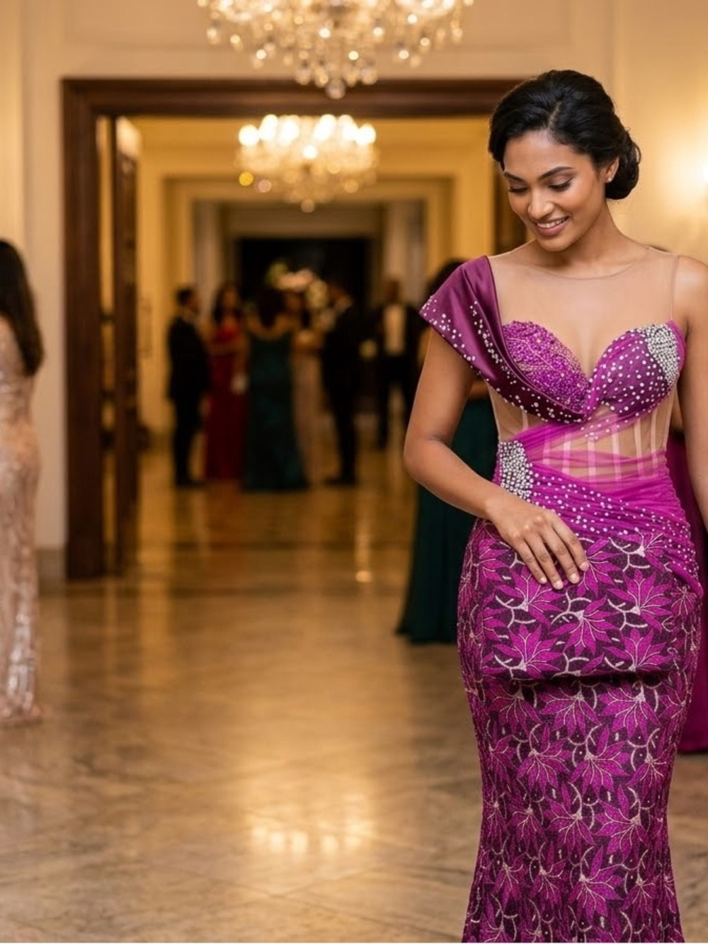 Stunning Magenta Floral Evening Gown & Matching Clutch
